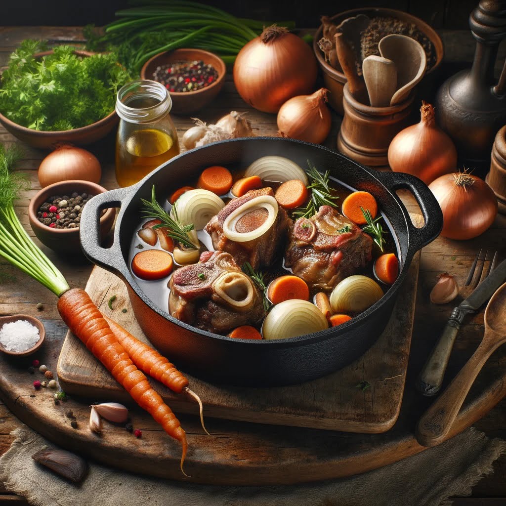 Cocotte en fonte rustique dans une cuisine chaleureuse