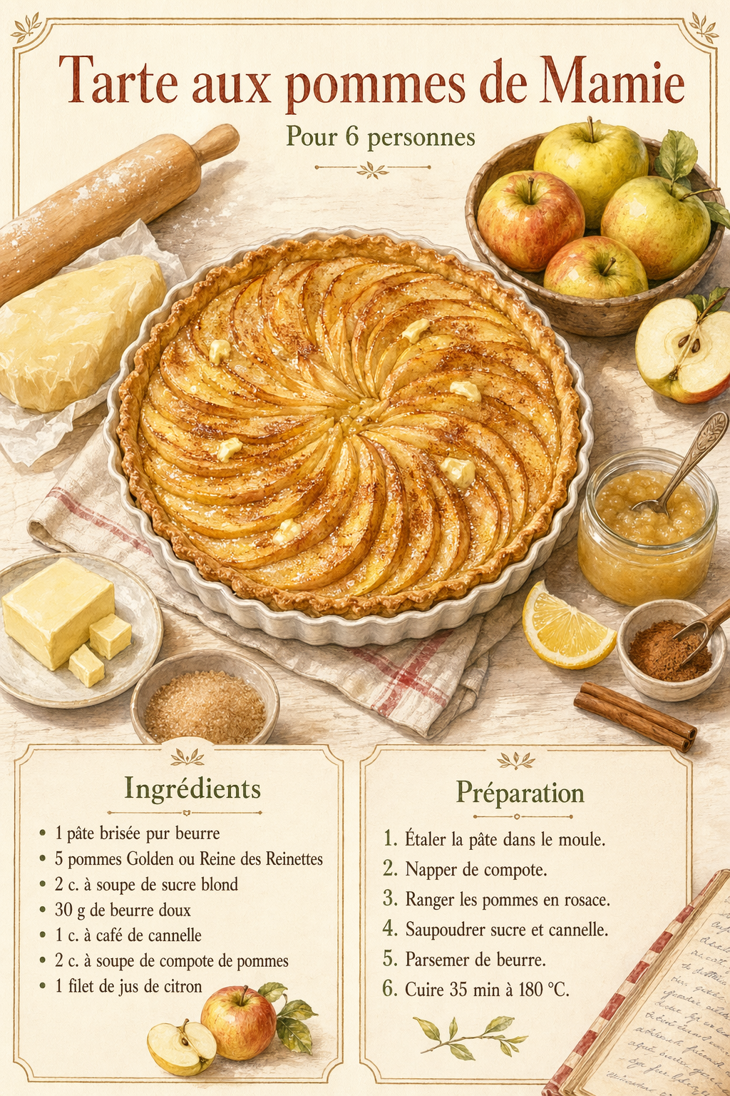 Carte recette illustrée Tarte aux pommes de Mamie