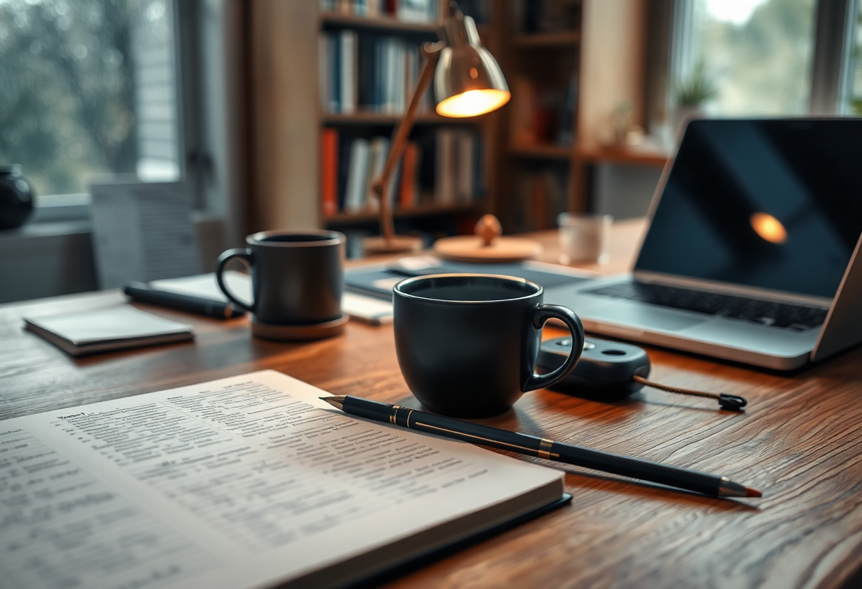 Bureau créatif réaliste avec carnet, café et lumière du matin