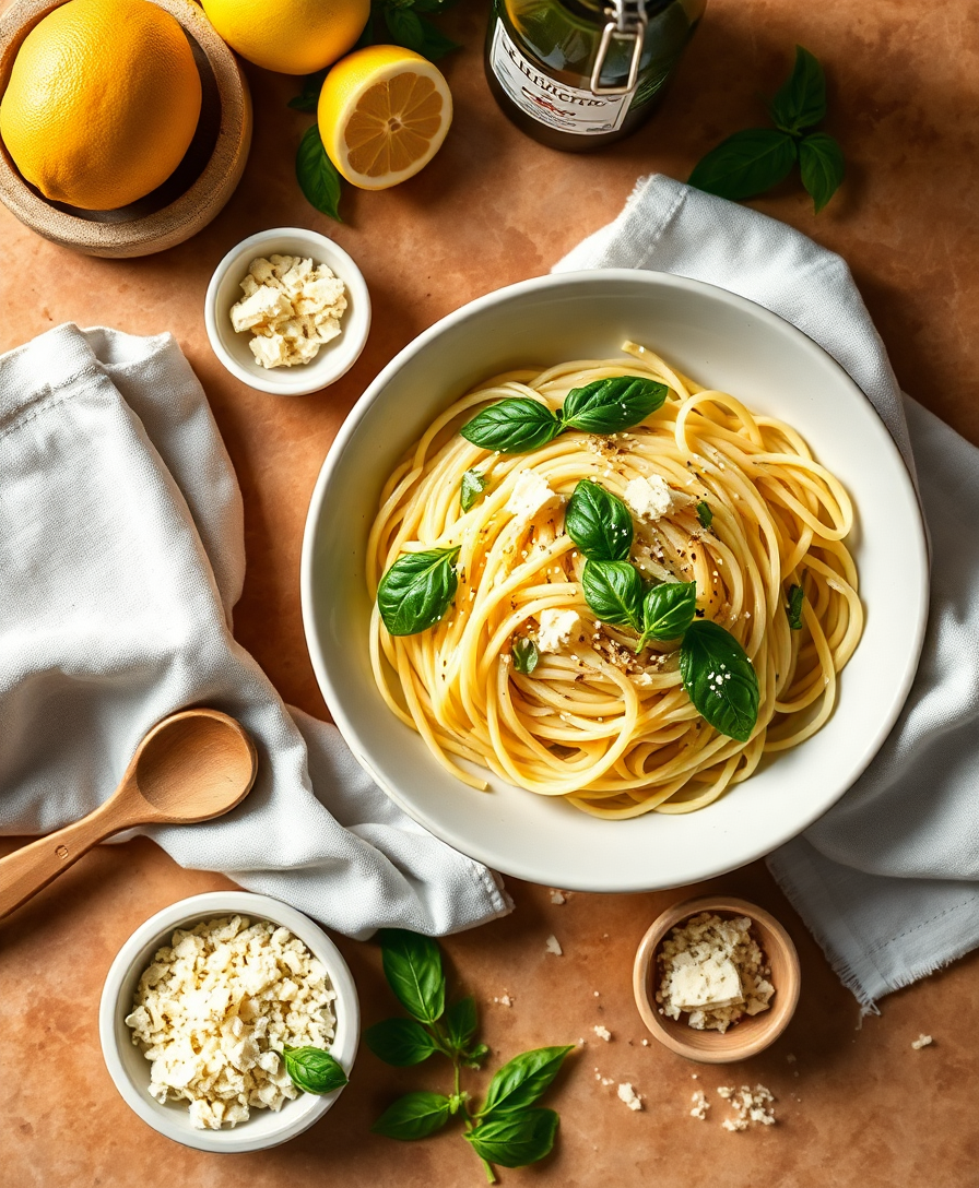 Bol de pâtes citron herbes en photographie culinaire éditoriale